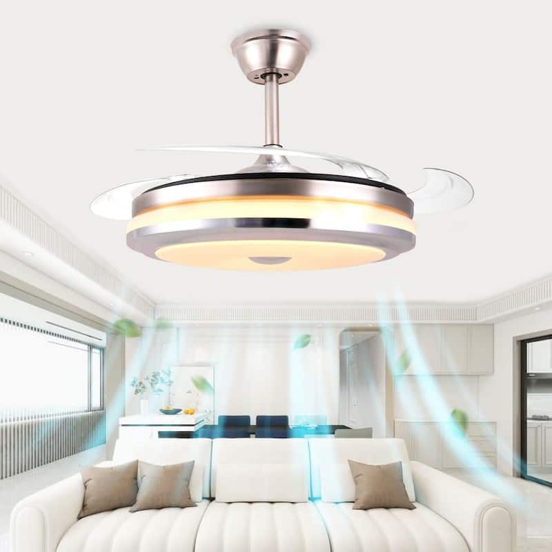 42" Retractable Ceiling Fan with Light Remote Control, Modern Silver Chandelier Ceiling Fan