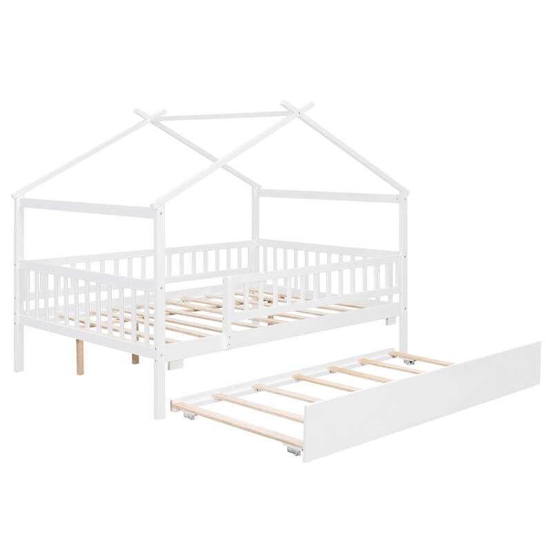 Full Size Wooden House Bed with Twin Size Trundle