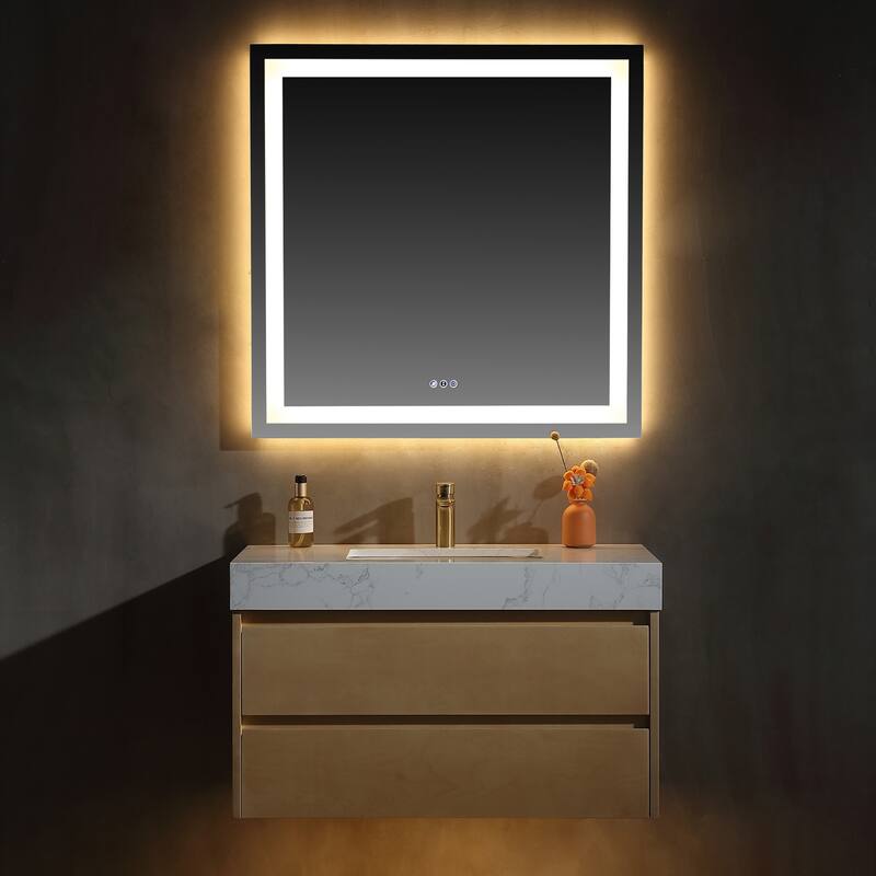 Modland 36" Wall-Mount Bathroom Vanity with LED Base Light & Engineered Stone Top - Soft-Close Drawers, Maple Yellow - 36 inch