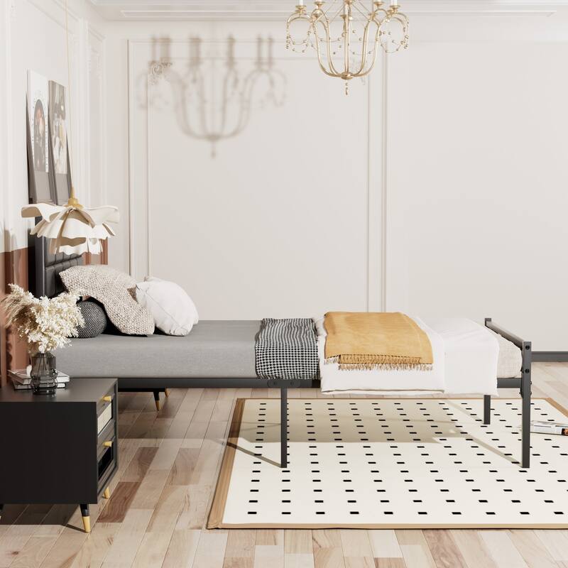 Javlergo Metal Bed Frame with PU Upholstered Headboard, No Box Spring Needed