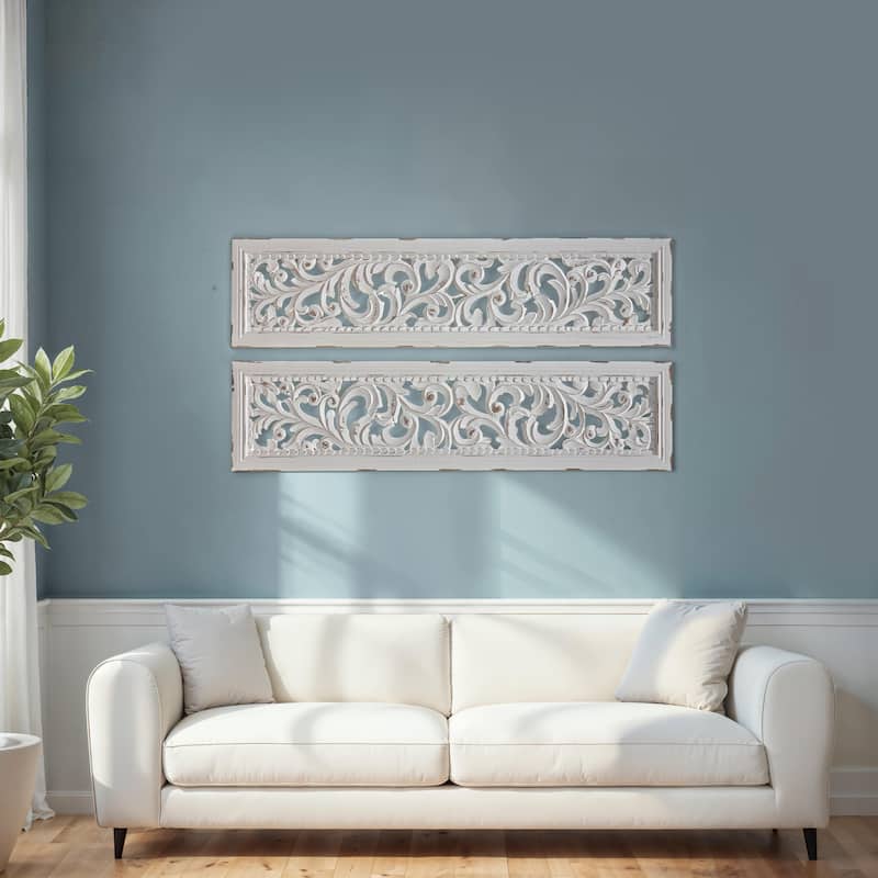 Ozy Carved Wall Art Panel Set of 2, Handcrafted Distressed White Mango Wood, 50 Inch Tall