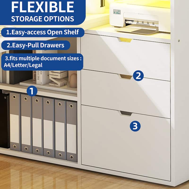 Moasis 55" LED L-Shaped Desk with Drawers and Cabinet, Corner Computer Desk with Power Outlets USB Ports