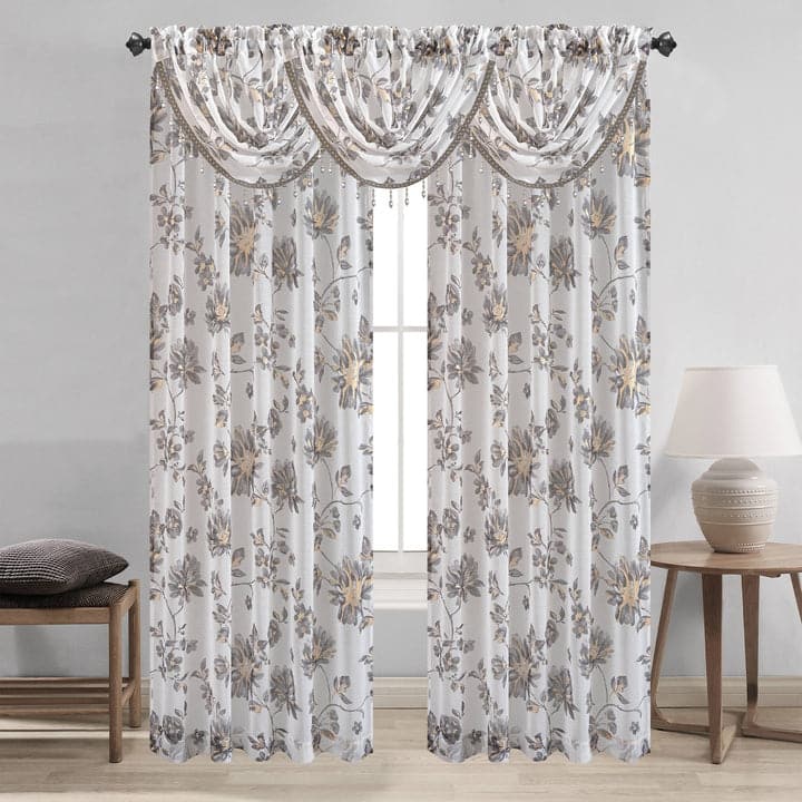 Anna Sheer Metallic Floral Rod Pocket Window Panel & Waterfall Valance, All Sold Separately - Panel - 54x84 Inches - Grey