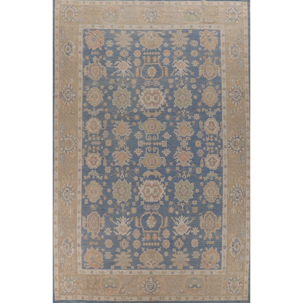Hand Knotted Oriental 100% Wool Carpet Transitional All-Over Navy Blue & Blues Oushak Area Rug - 14' 8'' X 9' 8''