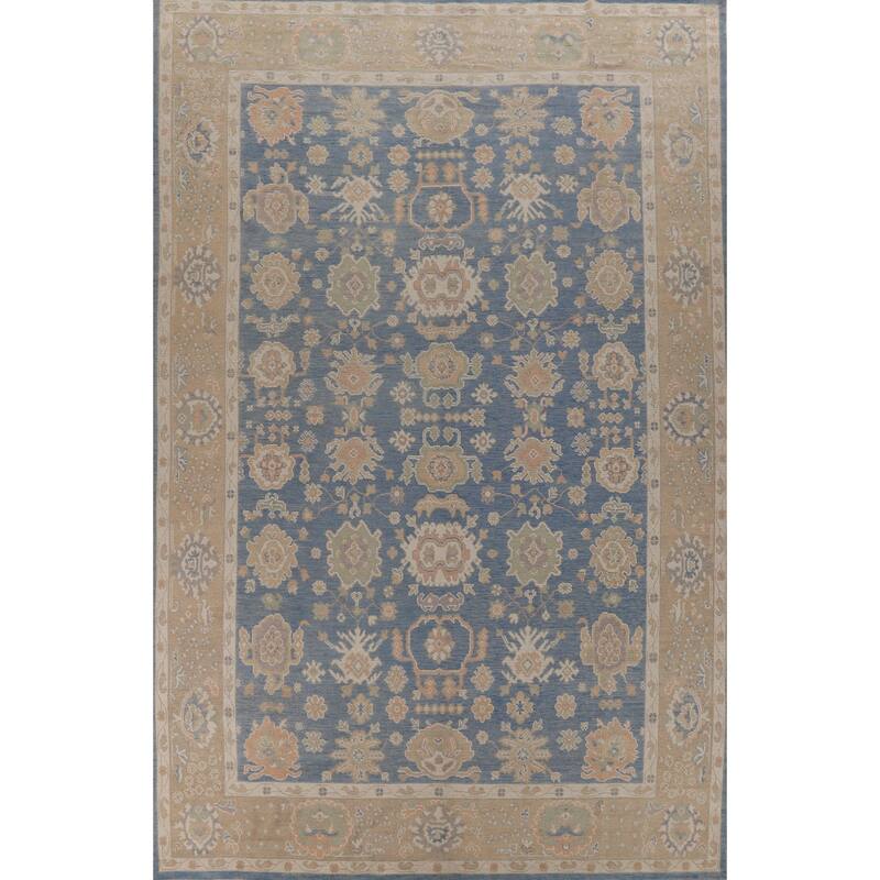 Hand Knotted Oriental 100% Wool Carpet Transitional All-Over Navy Blue & Blues Oushak Area Rug - 14' 8'' X 9' 8''