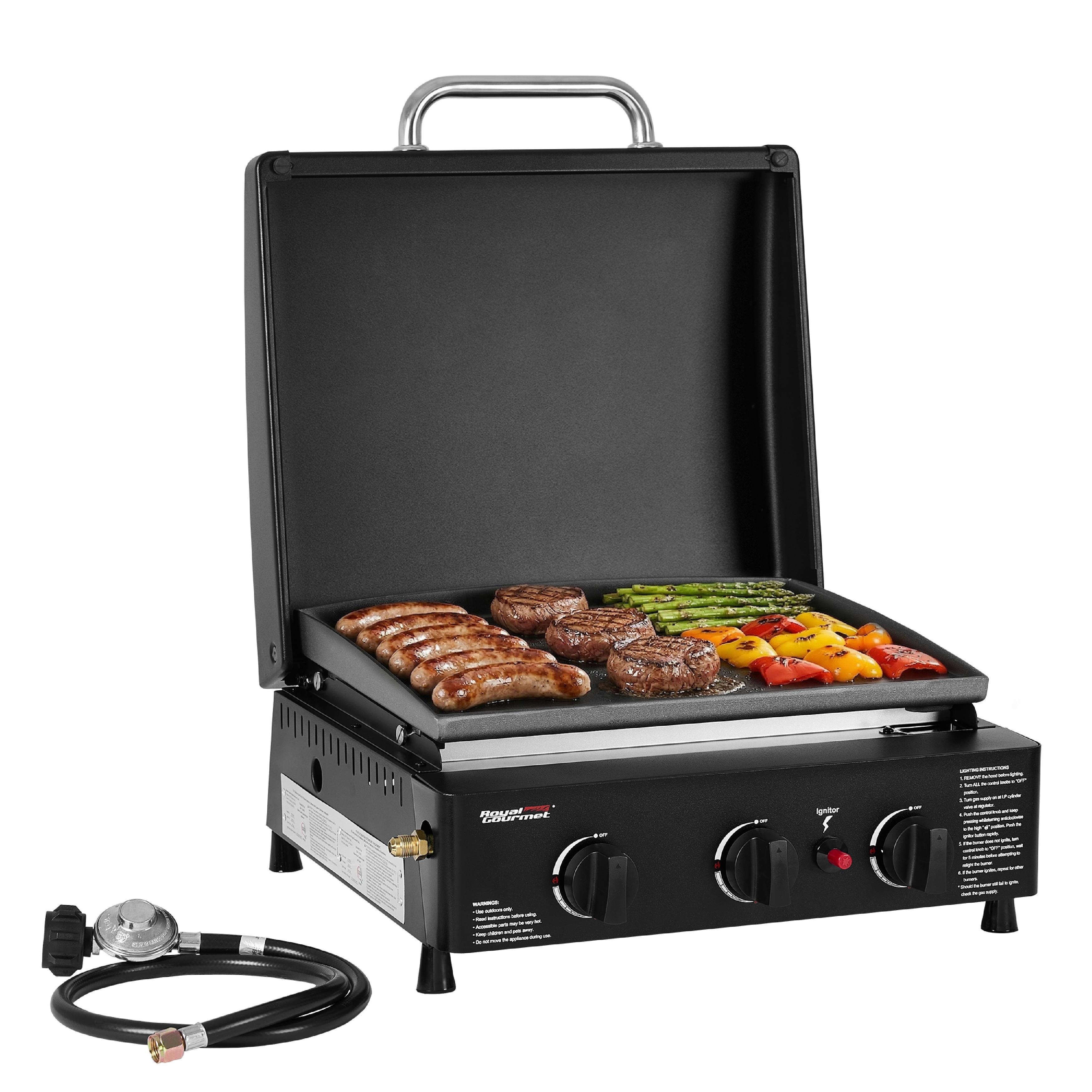 Royal Gourmet Portable 3-Burner Propane Griddle with Hood, Removable Grease Cup, Outdoor Backyard BBQ