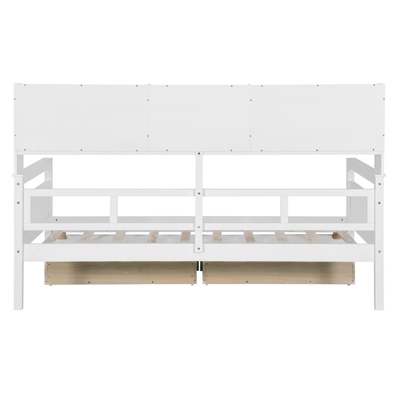 Twin/Full Size Daybed, Solid Wood Platform Sofa Bed Frame with Built In Bookshelves and Two Drawers