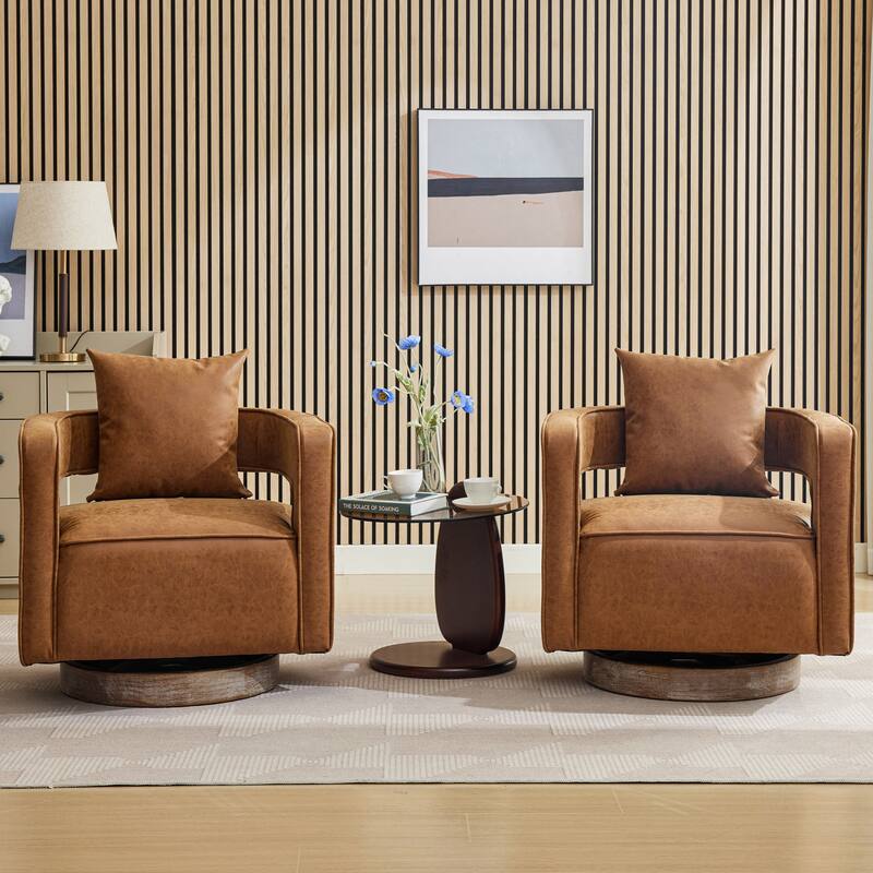 Modern Swivel Chair,PU leather Barrel Chair with Wooden Base and pillow