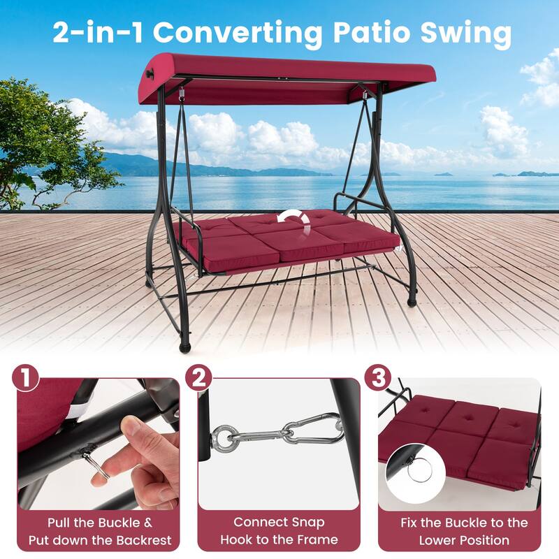 3 Seat Outdoor Porch Swing with Adjustable Canopy - 71" x 47" x 70"