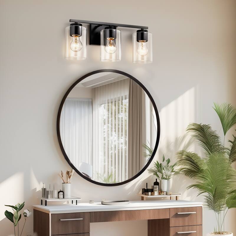 17 in. Matte Black 3-Light Vanity Light with Clear Glass Shades - Matte Black