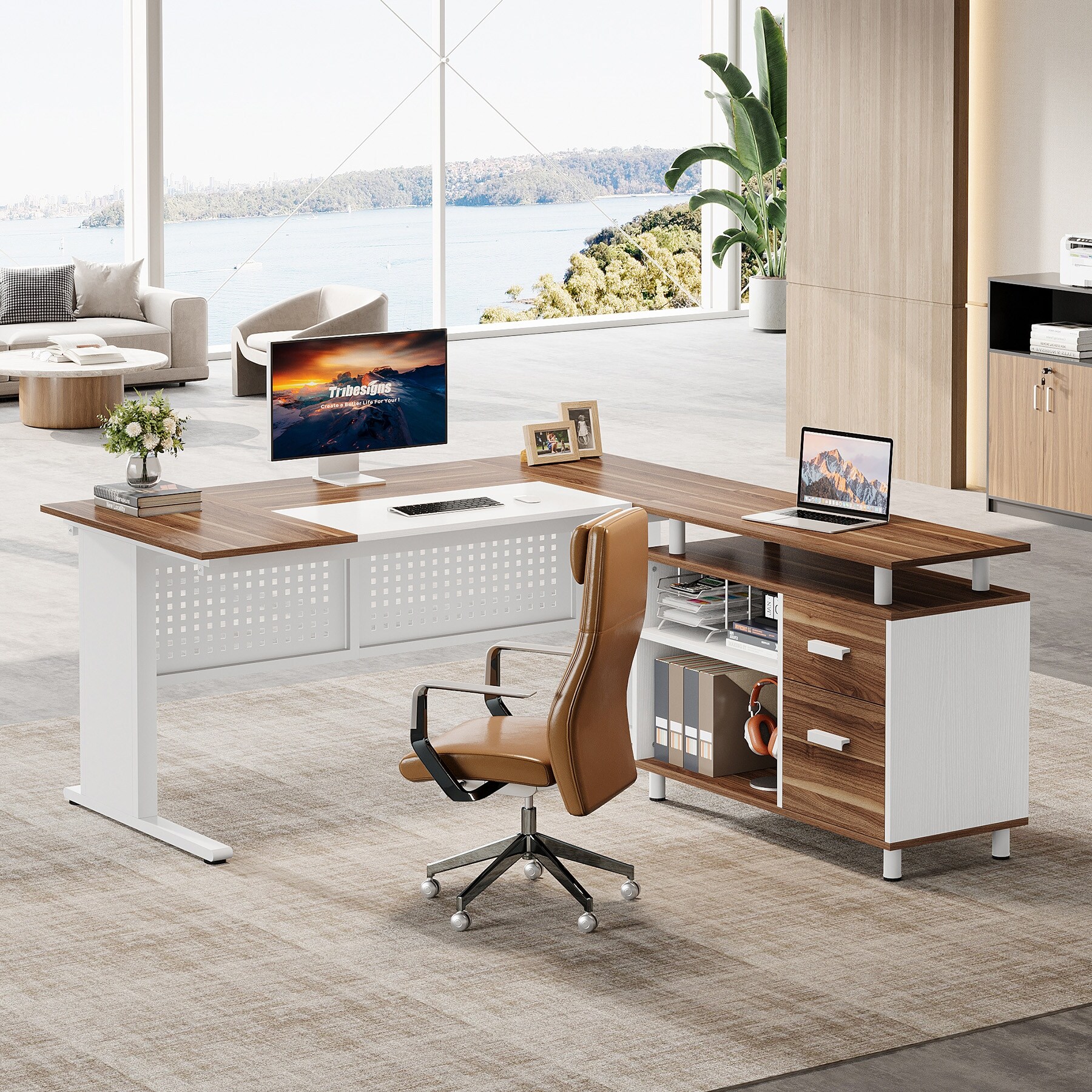 63-Inch L-Shaped Executive Desk with Storage Shelves - Overstock