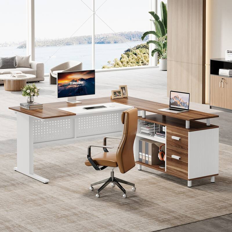 63-Inch L-Shaped Executive Desk with Storage Shelves