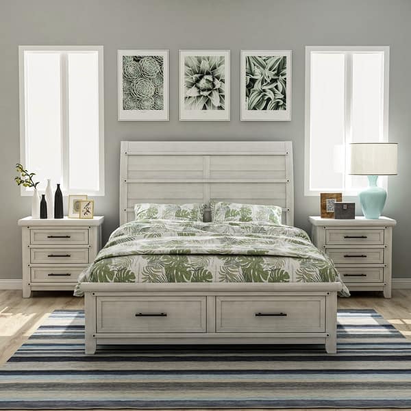 Tiwo Farmhouse White Wood USB Port 3-Piece Storage Sleigh Bedroom Set with  2 Nightstands by Furniture of America - Bed Bath & Beyond - 31840383