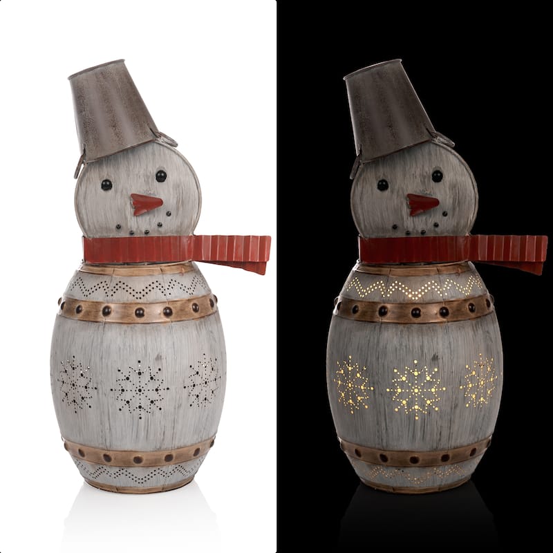 Alpine Corporation 30"H Indoor/Outdoor Metal Barrel Snowman Christmas Holiday Decoration with LED Lights - Silver