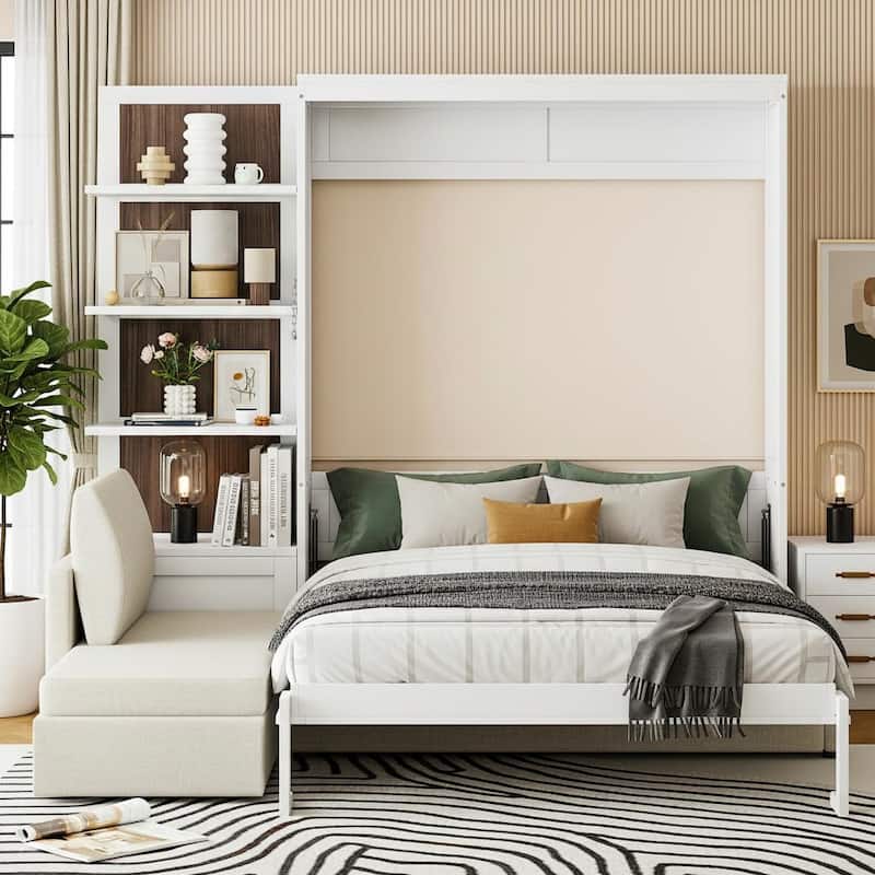 Convertible Queen Murphy Wall Bed with Sectional Sofa & 4-Tier Bookcase by Harper&Bright Designs