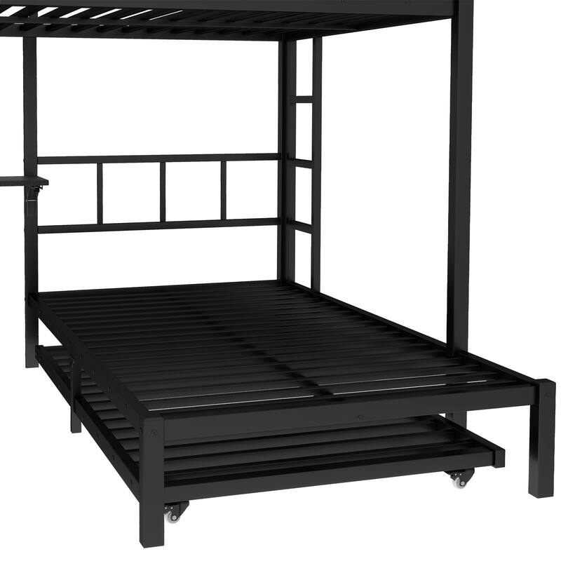 Queen Over Twin Metal Bunk Bed with Built-in Wardrobe, Trundle, Foldable Desk, and Noise-Reduced Design