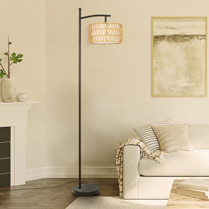 Netin 66" Boho Rattan & Fabric Shades Floor Lamp, Adjustable 3 Color Temperatures with Remote - Black