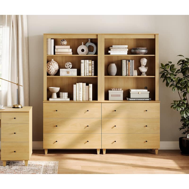 WAMPAT Modern 71" Tall Bookcase with 6 Drawers, 2 Columns 3-Tier - Oak