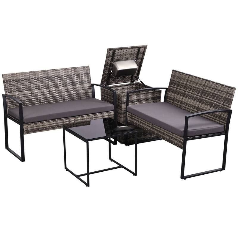 4-Piece Wicker Outdoor Sofa Set, 2 Loveseats, 1 Table, 1 Ice Bucket