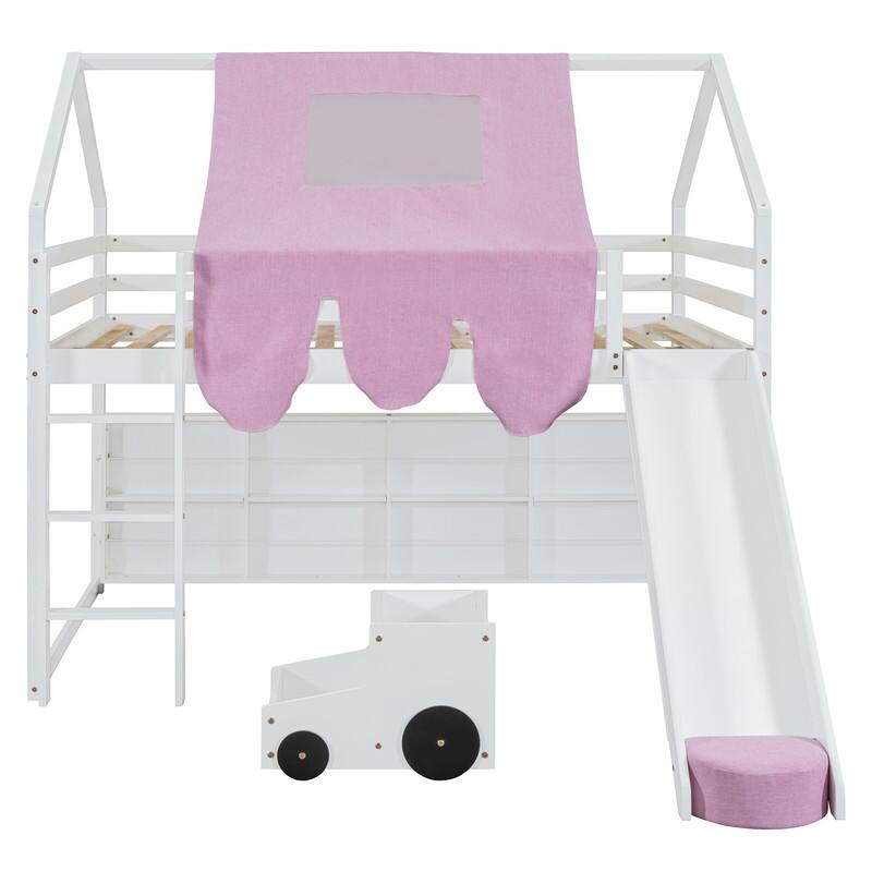 Twin/Full Size House Loft Bed with Slide and Tent, Wooden House Bed with Roof Frame, Storage Shelves & Car Shaped Storage Unit