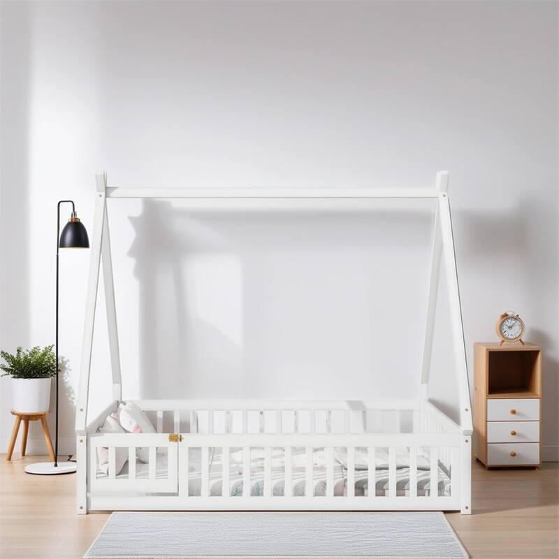 Full Tent-shaped Floor Bed,with Guardrails,Slats,Door - White