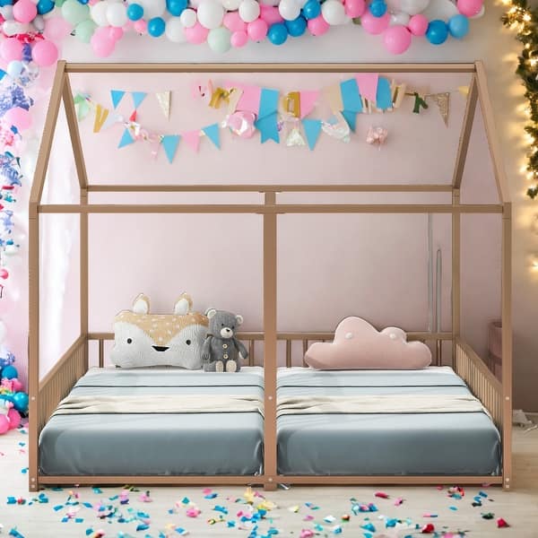 slide 2 of 9, Twin Size Metal House 2 In 1 Beds Platform Beds,Two Shared Beds For Bedroom Gold