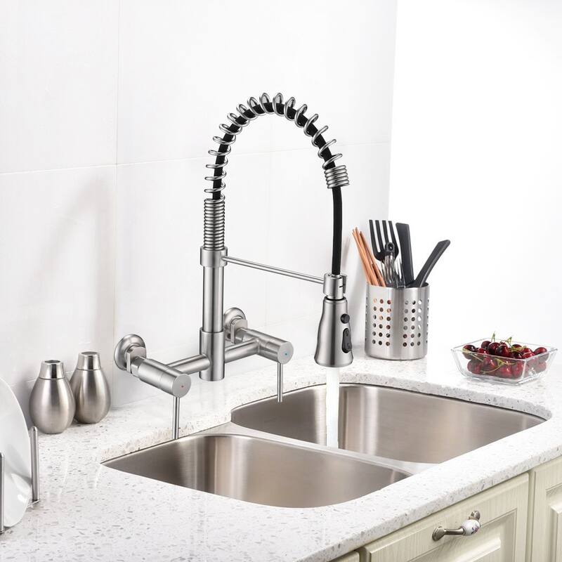 PROOX Double Handle Kitchen Faucet with Pull Out Sprayer Wall Mounted