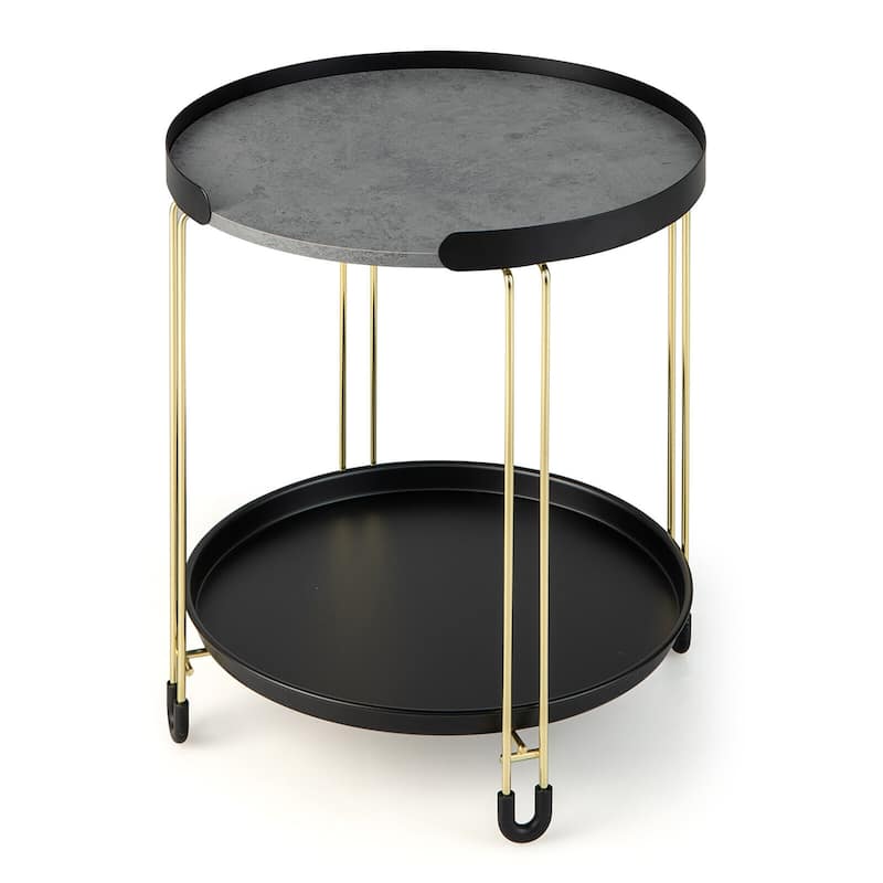 Gymax 2-Tier Side End Table Round Nightstand Gold Frame for Living