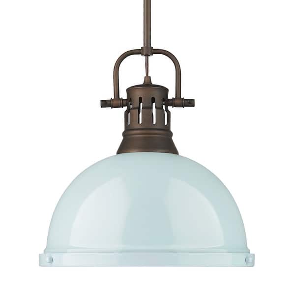 slide 2 of 2, Yep by Golden Lighting Duncan 1-light 14in Rod Hung Pendant in Rubbed Bronze and Seafoam shade