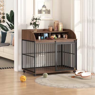44" Large Dog Crate Furniture, Wooden Dog Crate End Table Crate with Double Layer Storage