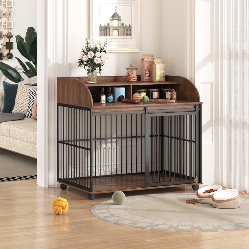 44"Heavy Duty Large Dog Crate Furniture with Lockable Wheels, Wooden Dog Crate Dog Kennel, End Table with Double Layer Storage - Brown