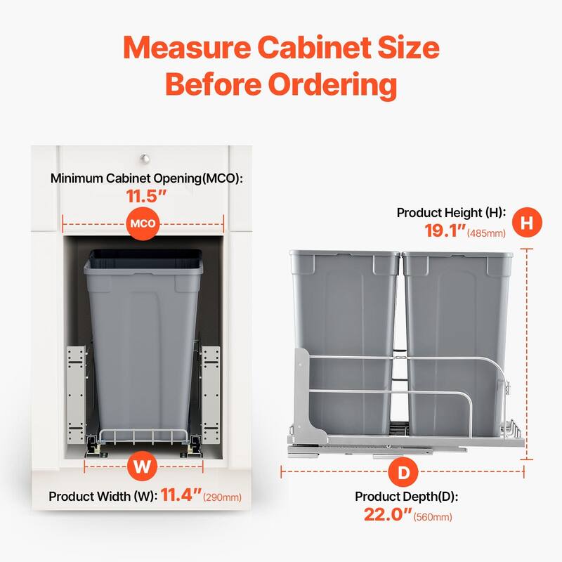 Under Cabinet Pullout Trash Bin with Soft Close System and Dual Bins