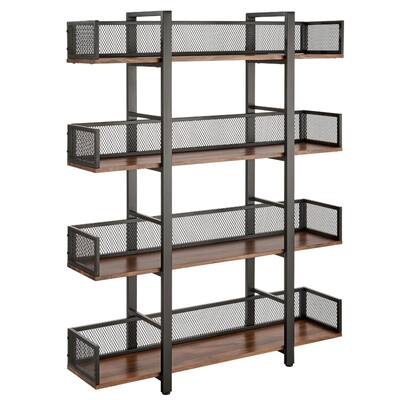 Sturdis 4 Tier Solid Wood Metal Industrial Bookshelf with Mesh Barriers, Black - 60