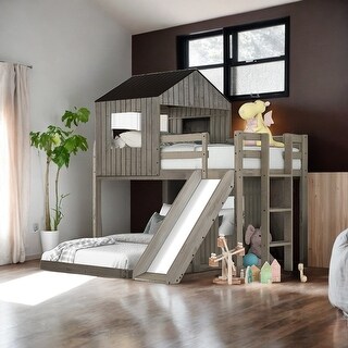 Twin Over Full House Bunk Bed with Ladder and Slide, Antique Gray - Bed ...