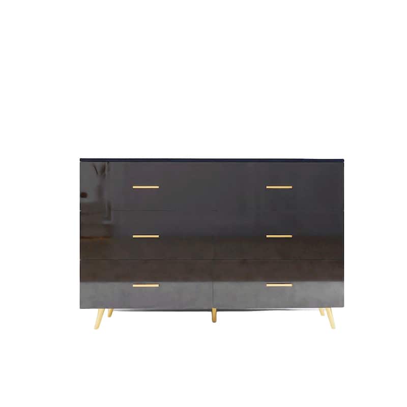 High Gloss 6-Drawer Chest with Golden Handles & Steel Legs, Large Modern Dresser with Anti-Tip Design for Bedroom, Black