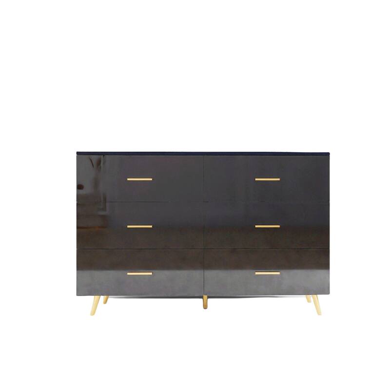 High Glossy Surface Double Dresser, Wide Large Clothing Organizer, Storage Cabinet with 6 Drawers, Metal Handles & Steel Legs