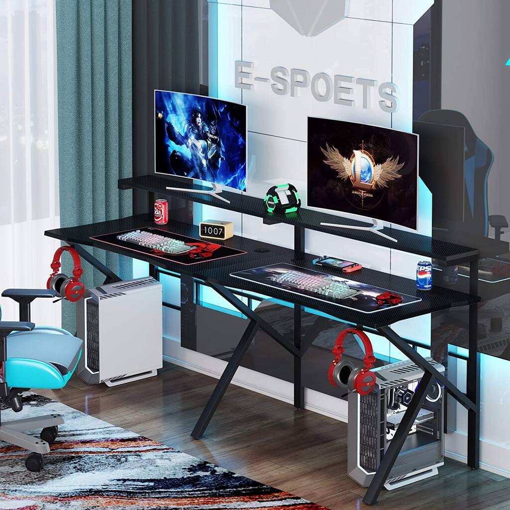 Double Computer Desk with Headphone Hooks Two Person Gaming Desk with Hutch Monitor Shelf