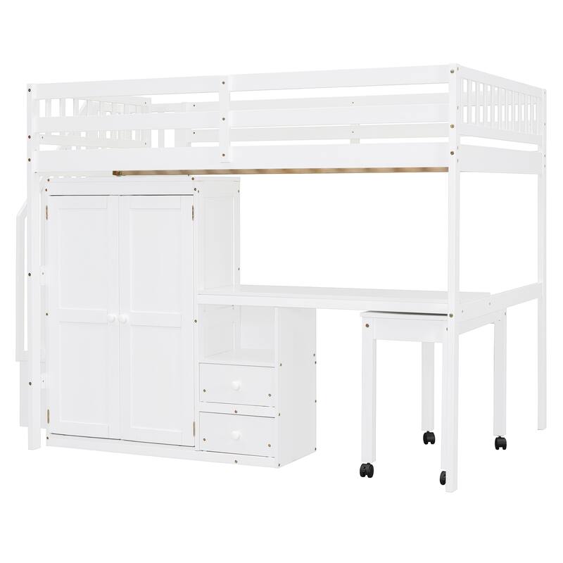 Full Size Loft Bed with Stairs Desk Drawers Bookshelf Wardrobe Pine Wood