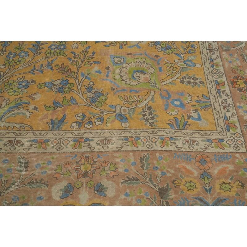 Hand Knotted Oriental 100% Wool Carpet Traditional Floral Yellow & Gold Mashad Area Rug - 12' 11'' X 9' 7''