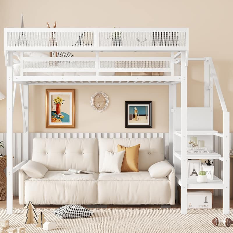 Metal Loft Bed with Wooden Stairs Built-in Storage Shelves and Wardrobe, High Loft Bed Frame with Side Grid Storage Rack