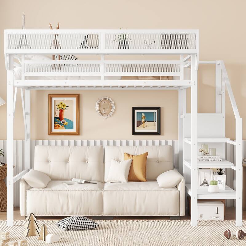 Twin Size Metal Loft Bed with Storage Shelves and Wardrobe, High Loft Bed Frame, Heavy Duty Metal Slat Support, Noise Free - White - Twin