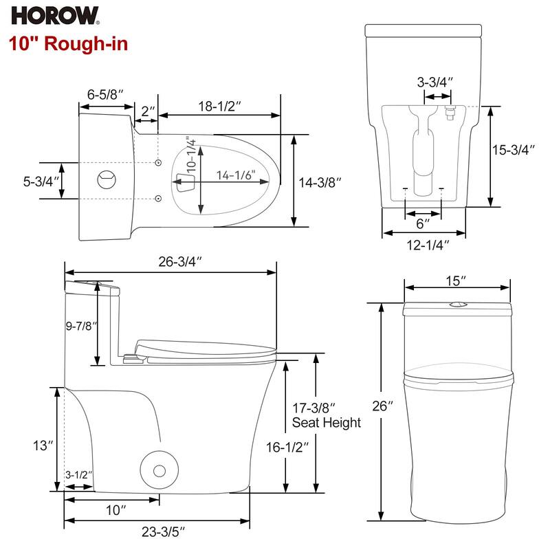 HOROW 1 Piece Dual Flush Elongated Toilet White 10 Inch Rough In WaterSense High Efficiency
