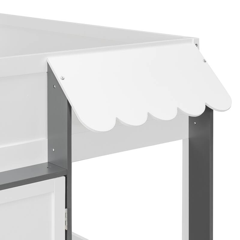 Full Size House Loft Bed Kids Playhouse Bed with Cabinets Secure Ladder Guardrails Cottage Style Canopy, Wooden House Bunk Bed