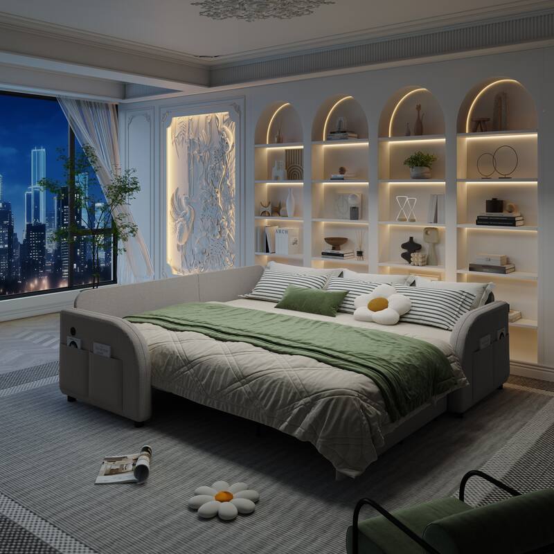 85" L-Shaped Convertible Sleeper Sofa with Pull-Out Bed, Teddy Upholstery & USB Ports