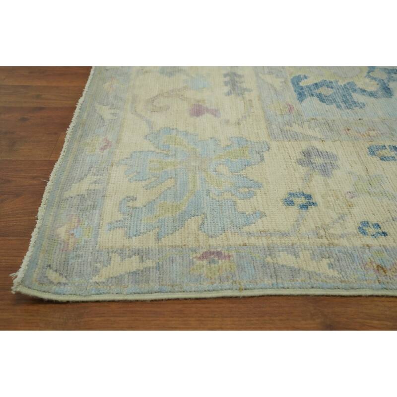 Handmade Blue Oushak Vegetable Dye Area Rug, Floral Geometric Carpet - 10' 3'' X 7' 11''