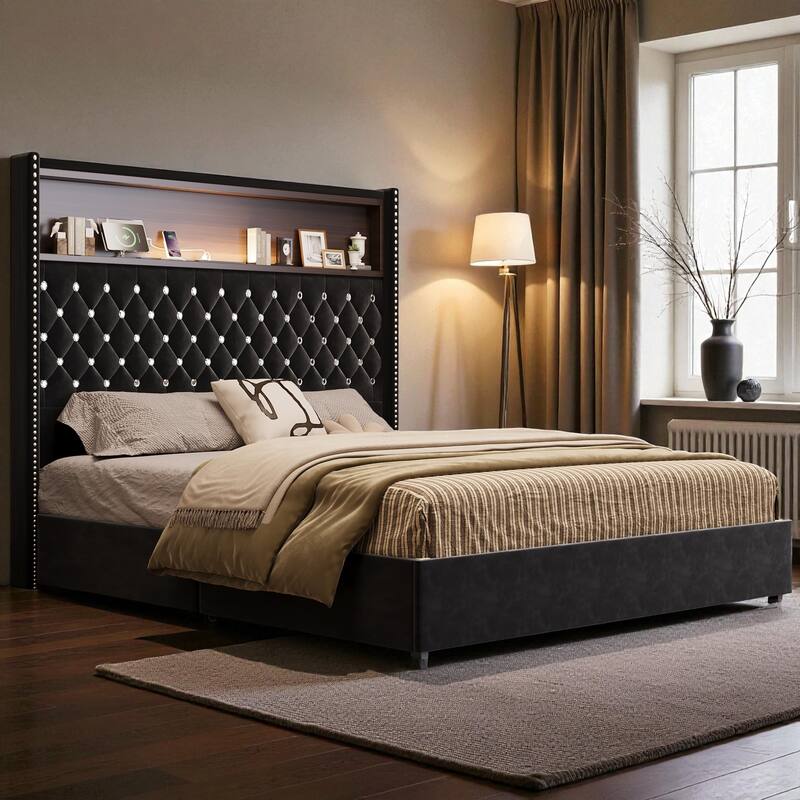 Full/Queen Velvet Tufted Bed Frame with 52" Wingback Headboard, USB Port, Night Light, Rivet Trim & Headboard Shelf