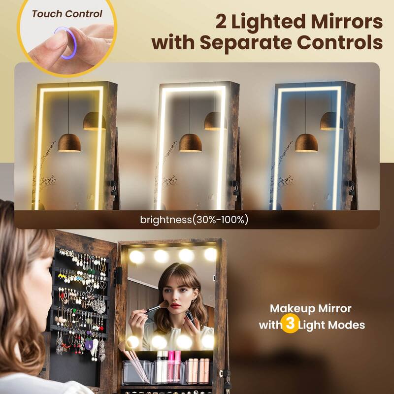 Costway 360° Swivel Jewelry Cabinet with Lighted Full Length Mirror & - See Details