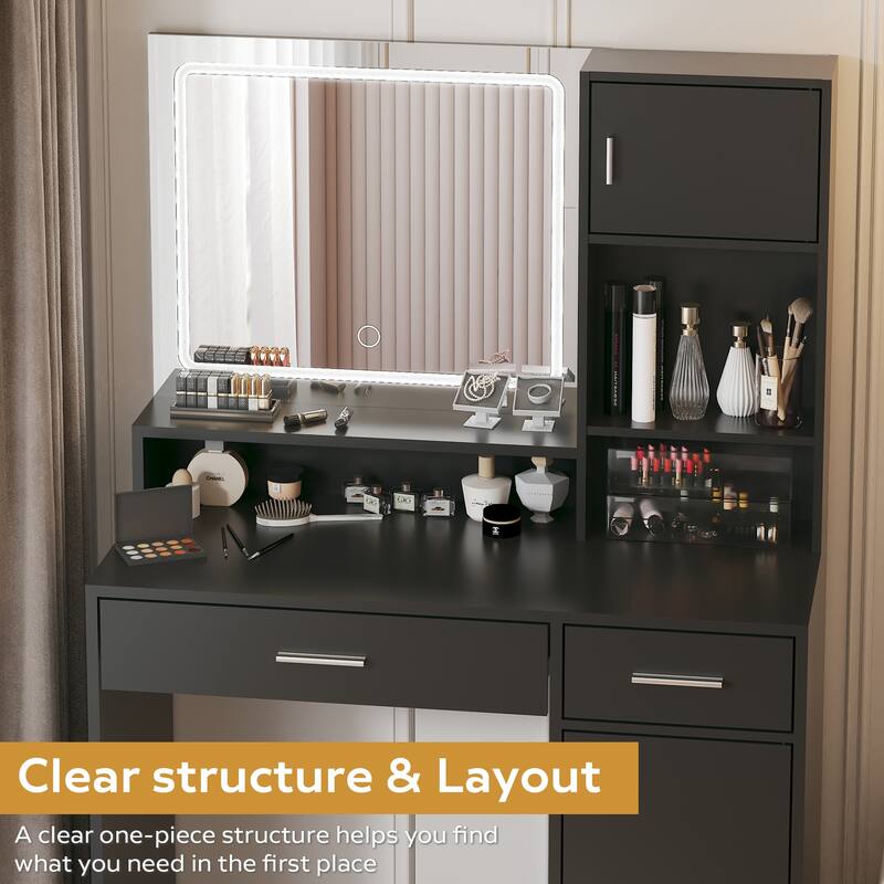 Dressing Vanity Desk with Drawer, Mirror & LED Light Strip, 3 Adjustable Brightness Modes