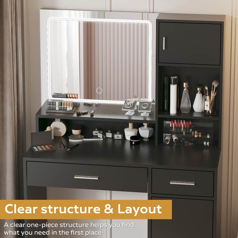 Modern Vanity Desk with Mirror, LED Light Strip and Storage