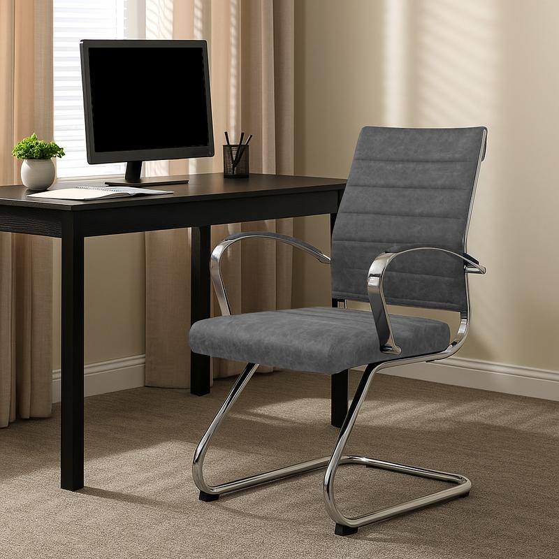 Benmar Series Mid Back Modern Leather Office Executive Desk Chair, Ergonomic Seating with Stainless Steel Sled Base
